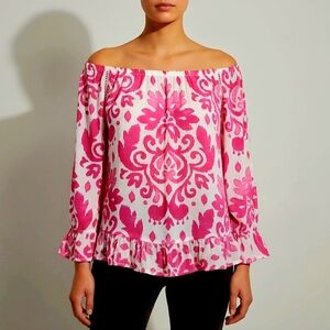 Breezy INC Blouson-Sleeve Garden Party Ladder Stitch Peasant Top Clear‎ Pink